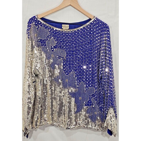 VTG Judith Ann Sequin Blouse Silk Beaded Blue Womens Size M Fairy Disco Cocktail - Picture 1 of 10